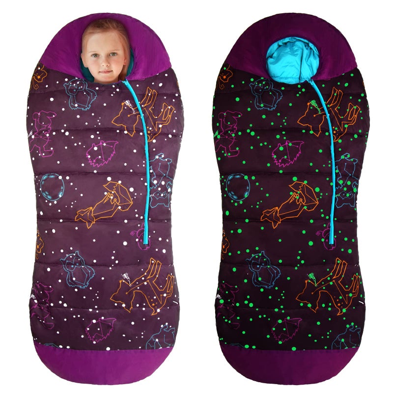 AceCamp Glow in The Dark Mummy Sleeping Bag for Kids and Youth, Temperature Rating 30Â°F/-1Â°C, Water-Resistant for Camping, Hiking, and Slumber Party (Purple, Kid's) - Image 1